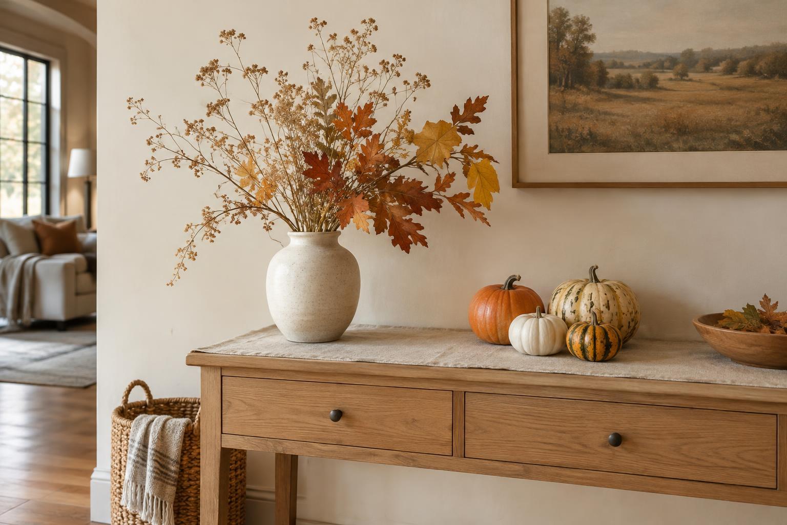 How to Decorate Indoors with Autumn Leaves, Gourds and Dried Stems